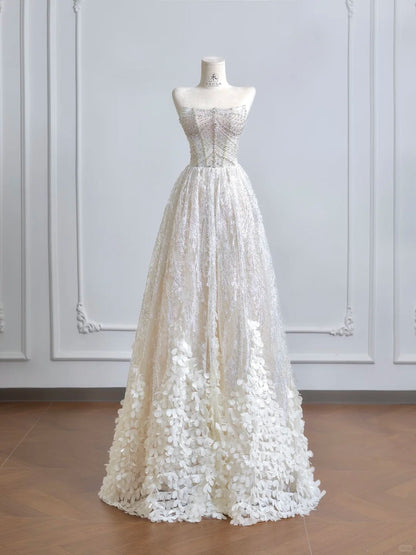 Timeless Strapless Beaded Tulle Long Wedding Dress with Beaded Sparkly Lace Ball Gown Quinceañera Dress ED03619