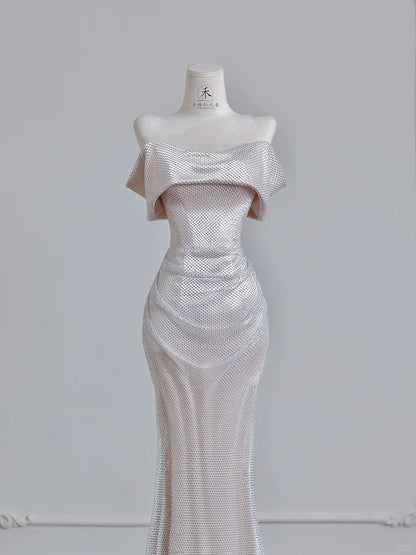 Champagne Formal Dresses Mermaid Prom Dresses Elegant Metal Mesh Long Off-the-Shoulder Evening Gowns HZ1024