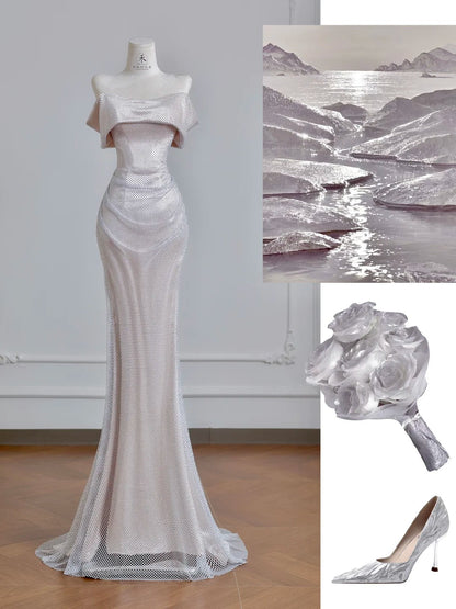 Champagne Formal Dresses Mermaid Prom Dresses Elegant Metal Mesh Long Off-the-Shoulder Evening Gowns HZ1024