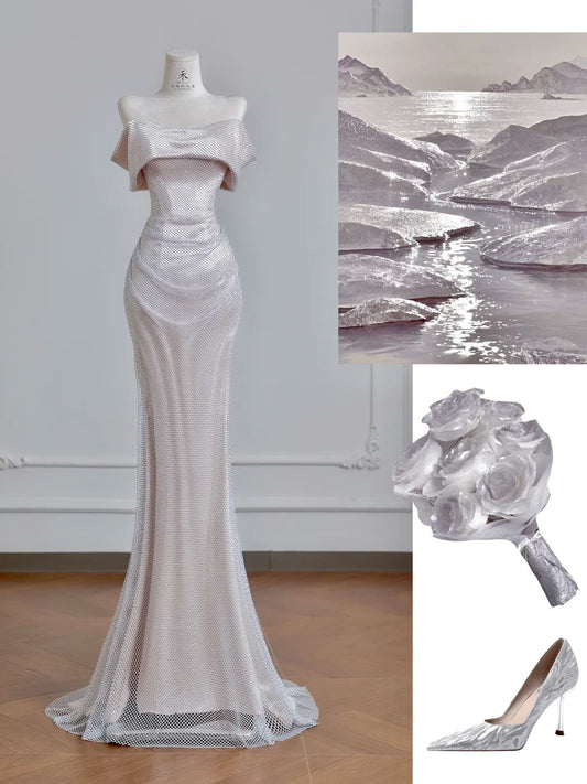 Champagne Formal Dresses Mermaid Prom Dresses Elegant Metal Mesh Long Off-the-Shoulder Evening Gowns HZ1024