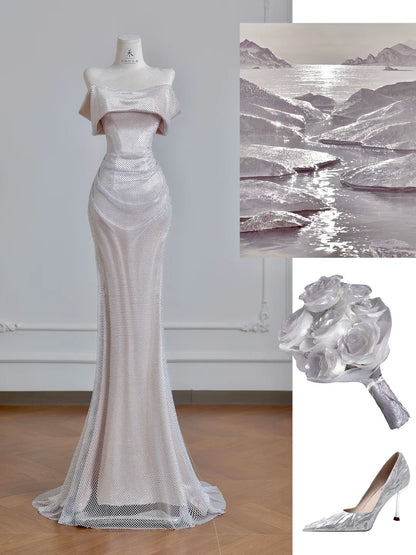 Modest Champagne Formal Dresses Mermaid Prom Dresses Elegant Metal Mesh Long Off-the-Shoulder Evening Gowns ED03623