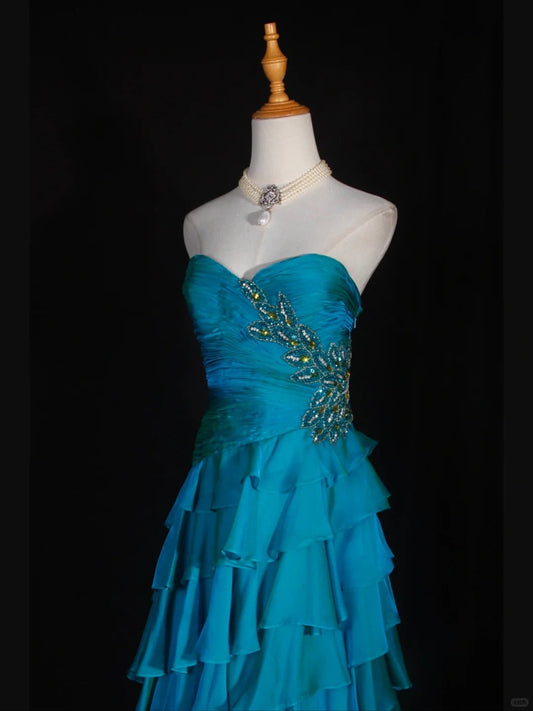 Blue Sweetheart Neck Tiered Ball Gown Beaded Chiffon Formal Dresses Modest Evening Gowns HZ1024