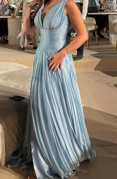 Blue V-neck Evening Gowns Chiffon Elegant Ball Gown Wedding Guest Dress Graduation Prom Dress HZ1024