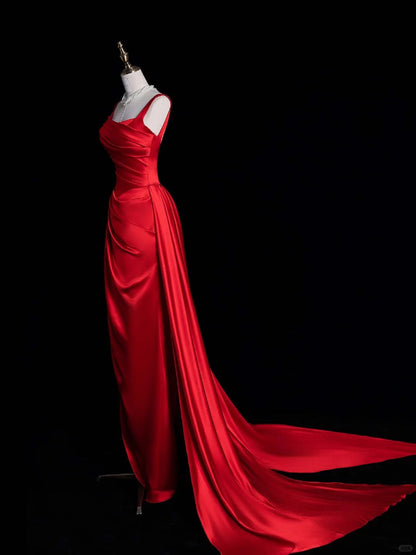 Elegant Burgundy Sheath Long Evening Gowns Satin Square Neck Formal Dress Prom Dresses Bridesmaid Dresses ED03630