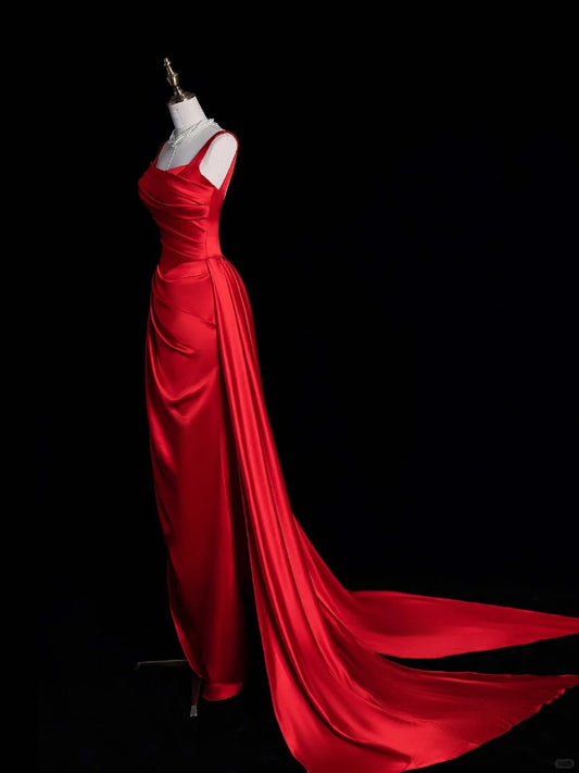 Elegant Burgundy Sheath Long Evening Gowns Satin Square Neck Formal Dress Prom Dresses Bridesmaid Dresses ED03630