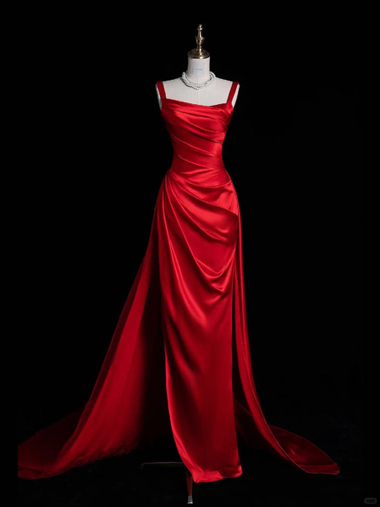 Elegant Burgundy Sheath Long Evening Gowns Satin Square Neck Formal Dress Prom Dresses Bridesmaid Dresses ED03630