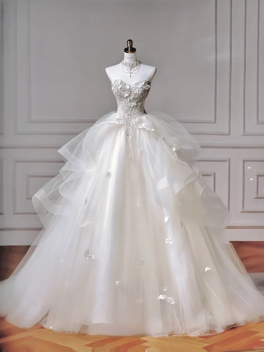 White Sweetheart Neck Wedding Dress Long Ball Gowns Tulle Beaded Quinceanera Dress Bridal Gown HZ1024