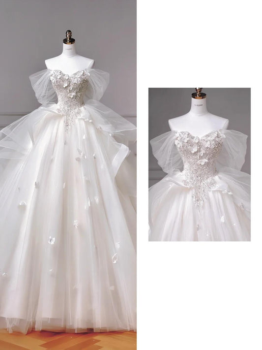 White Sweetheart Neck Wedding Dress Long Ball Gowns Tulle Beaded Quinceanera Dress Bridal Gown HZ1024
