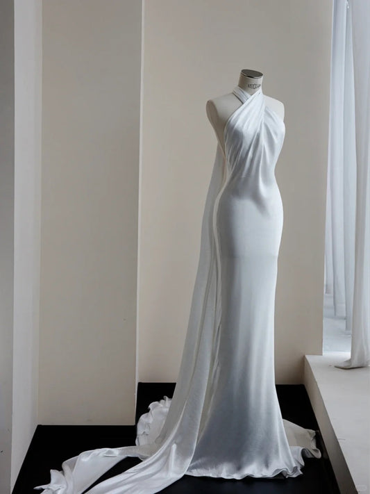 White Halter Neck Wedding Dress Long Mermaid Evening Gown Satin Simple 22nd Birthday Outfit HZ1024