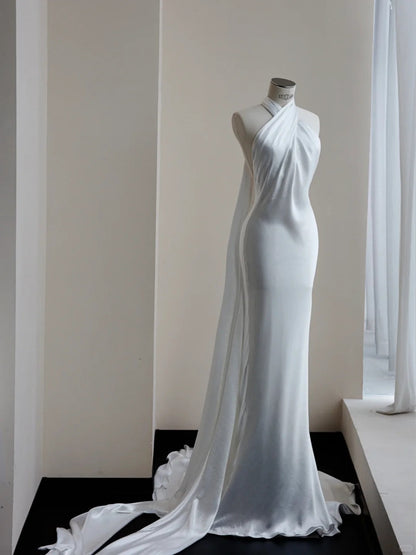 Elegant White Halter Neck Wedding Dress Long Mermaid Evening Gown Satin Simple 22nd Birthday Outfit ED03632