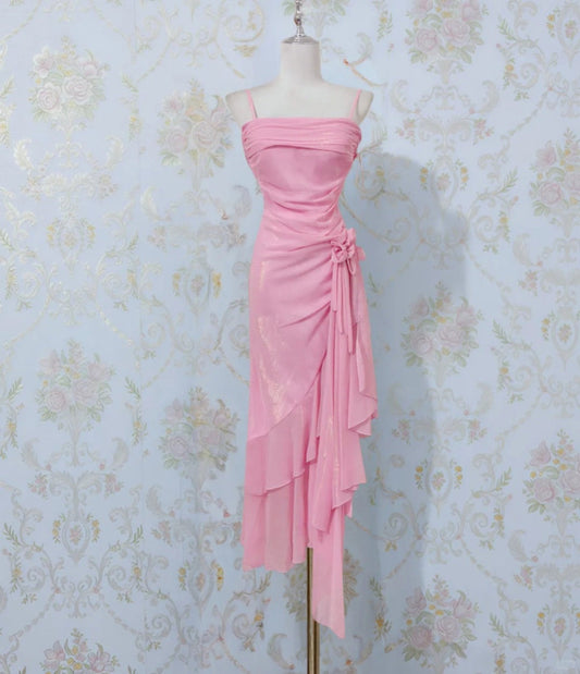 Pink Spaghetti Strap Evening Dress 16th Birthday Dress Sheath Chiffon Ruffle Formal Dresses HZ1024