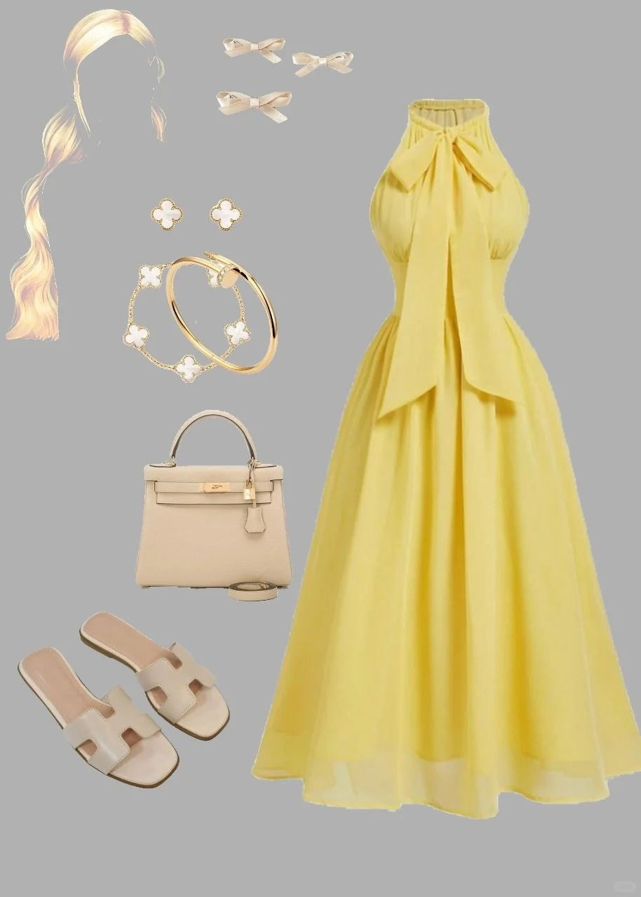 Elegant Butter Yellow Ball Gown Halter Chiffon Formal Dress Fashion Party Outfit ED03644