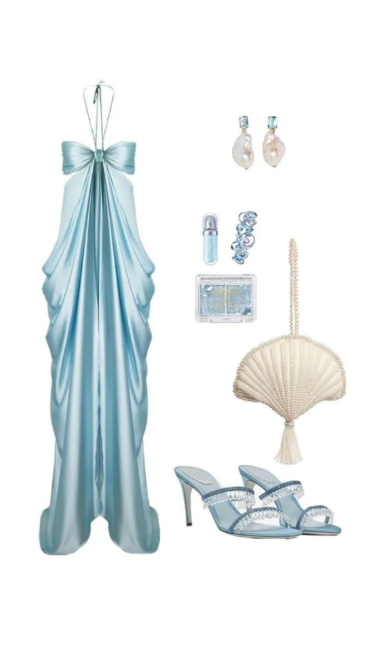 Light Blue Sheath Birthday Dress Halter Neck Satin Party Dress Casual Evening Dress HZ1024
