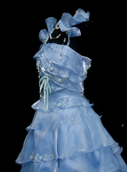 Elegant Light Blue Organza Long Ball Gowns Beaded Appliqués Tiered Bridal Gowns Cute Quinceanera Dress ED03647
