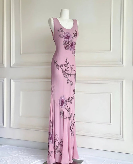 Elegant Light Purple Sheath Evening Dress U Neck Chiffon Vintage Long Formal Dress Beaded Applique Prom Dresses ED03648