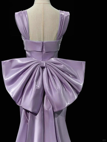 Purple Mermaid Evening Gowns Elegant Satin Square Neck Long Prom Dresses with Bow HZ1024