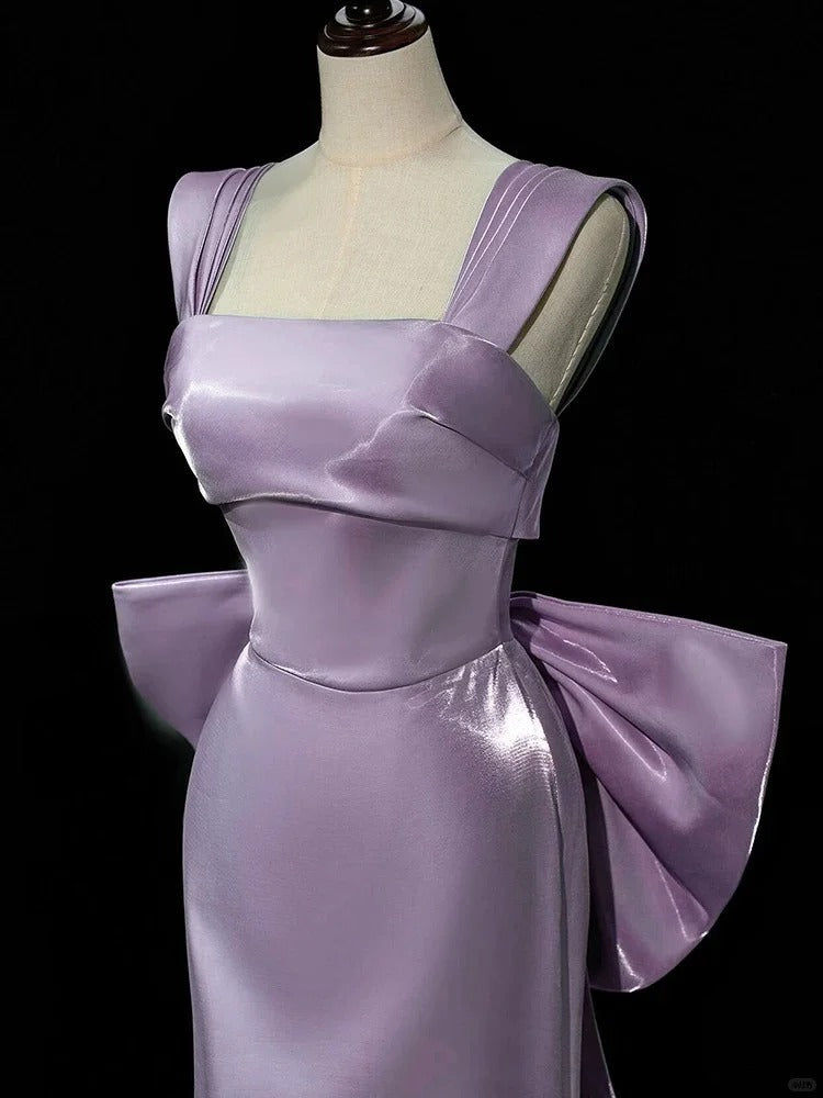 Purple Mermaid Evening Gowns Elegant Satin Square Neck Long Prom Dresses with Bow HZ1024