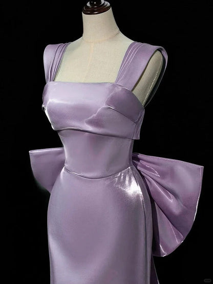 Purple Mermaid Evening Gowns Elegant Satin Square Neck Long Prom Dresses with Bow HZ1024