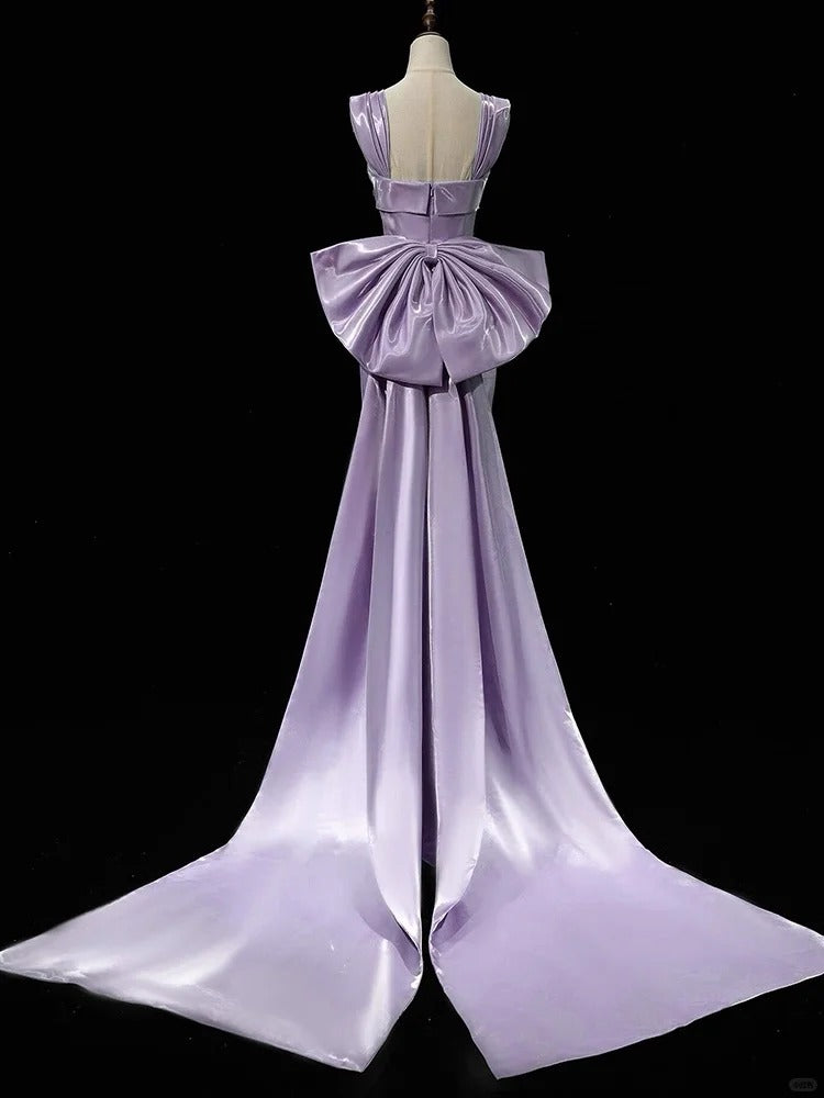 Purple Mermaid Evening Gowns Elegant Satin Square Neck Long Prom Dresses with Bow HZ1024