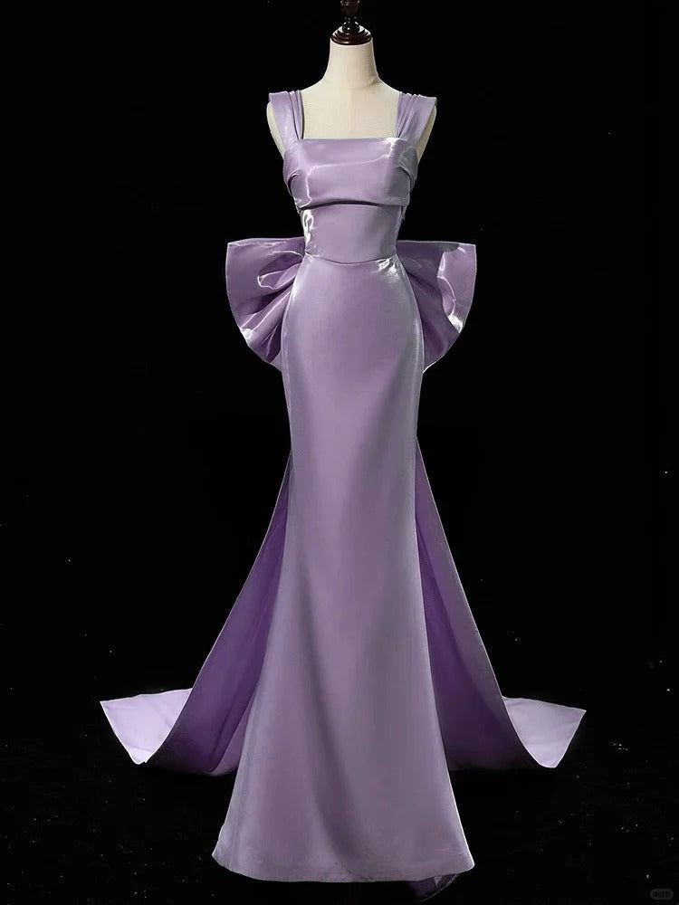 Purple Mermaid Evening Gowns Elegant Satin Square Neck Long Prom Dresses with Bow HZ1024