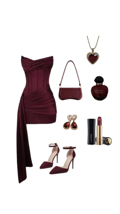 Burgundy Strapless Sheath Short Homecoming Outfit Elegant Satin Birthday Dress Middle School Hoco Dresses HZ1024