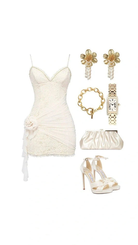 White Spaghetti Strap Bodycon Short Formal Dress Homecoming Outfit Elegant Lace Birthday Dress Party Dresses HZ1024