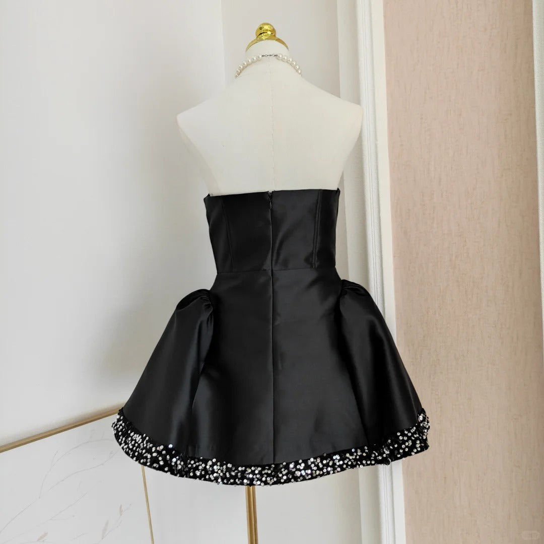 Black Strapless Short Ball Gown Sequin Formal Dress Homecoming Dresses Satin Elegant Birthday Outfit Party Dresses HZ1024