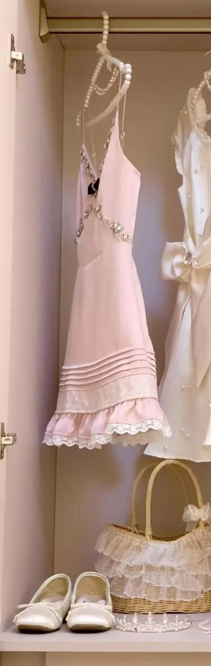 Pink Spaghetti Strap Sheath Short Formal Dress Lace Chiffon Homecoming Dresses Elegant Beaded Birthday Outfit Party Dresses HZ1024