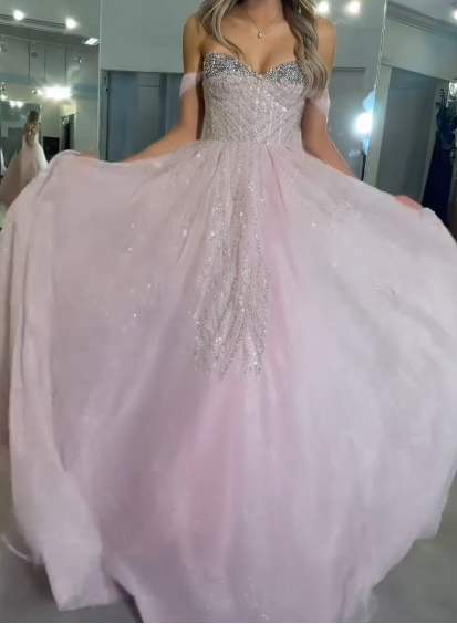 Pink Off-the-Shoulder A-Line Prom Dresses Glitter Tulle Evening Gowns Sweet 18th Birthday Dress Graduation Dress HZ1024