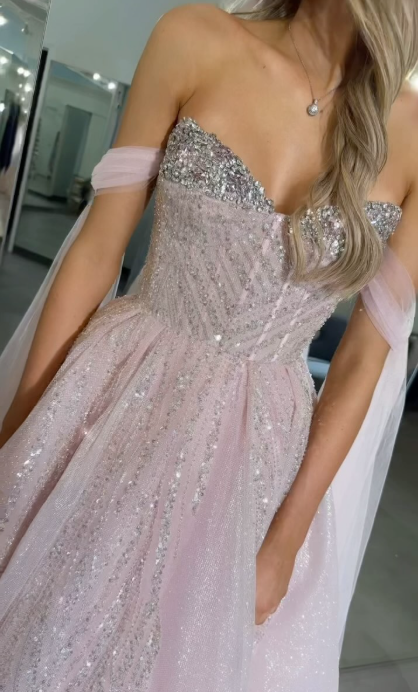 Pink Off-the-Shoulder A-Line Prom Dresses Glitter Tulle Evening Gowns Sweet 18th Birthday Dress Graduation Dress HZ1024