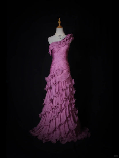 Elegant Purple One Shoulder Formal Dress Mermaid Chiffon Evening Gowns Stunning Prom Dresses ED03673