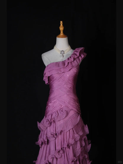 Elegant Purple One Shoulder Formal Dress Mermaid Chiffon Evening Gowns Stunning Prom Dresses ED03673