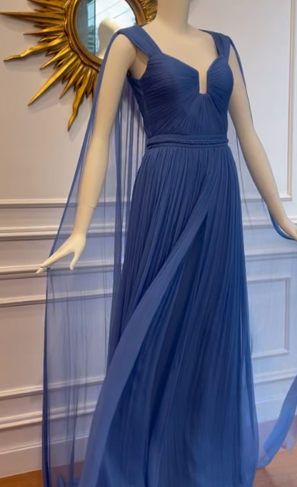 Elegant Blue V-neck A-Line Evening Gowns Stunning Chiffon Pleated Formal Dress Graduation Dress ED03674