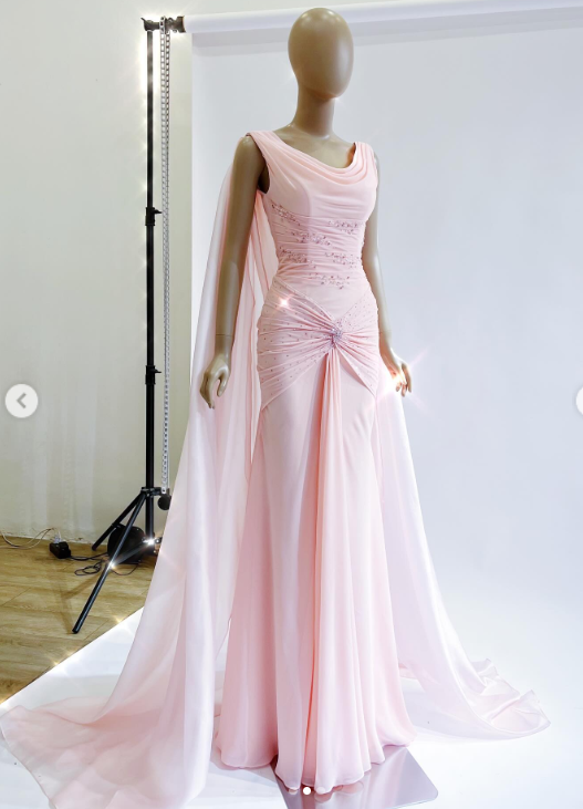 Pink Formal Dress Boat Neck Sheath Evening Gowns Stunning Chiffon Beaded 18th Birthday Dress HZ1024