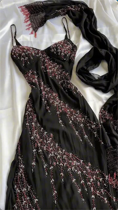 Black Spaghetti Strap Sheath Prom Dresses Elegant Beaded Chiffon Formal Dress Chiffon Evening Gown HZ1024