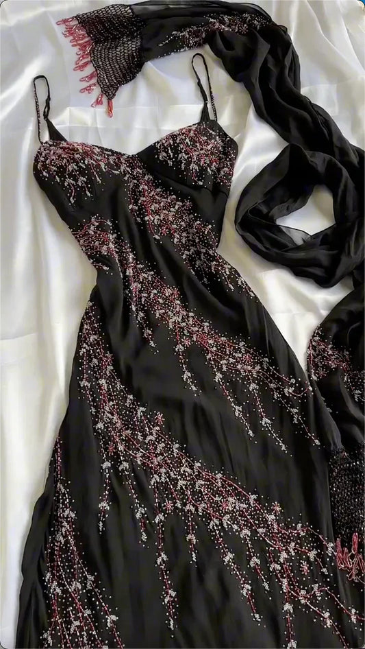 Black Spaghetti Strap Sheath Prom Dresses Elegant Beaded Chiffon Formal Dress Chiffon Evening Gown HZ1024