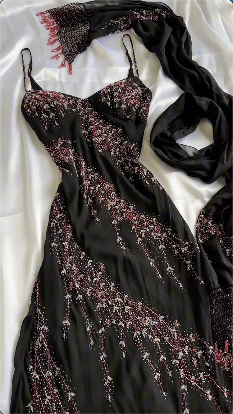Vintage Black Spaghetti Strap Sheath Prom Dresses Elegant Beaded Chiffon Formal Dress Chiffon Evening Gown ED03677