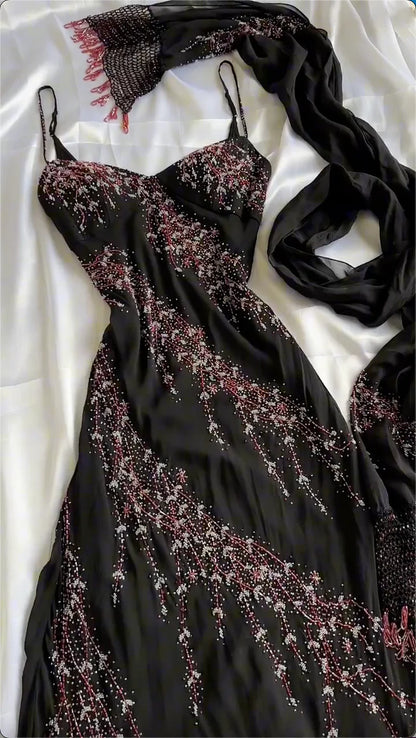 Vintage Black Spaghetti Strap Sheath Prom Dresses Elegant Beaded Chiffon Formal Dress Chiffon Evening Gown ED03677