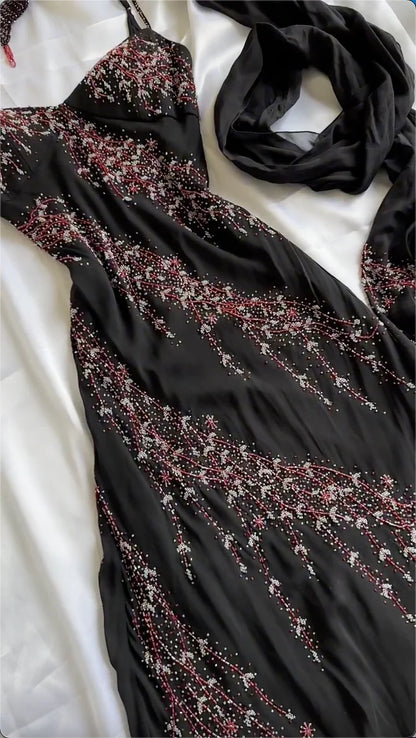 Vintage Black Spaghetti Strap Sheath Prom Dresses Elegant Beaded Chiffon Formal Dress Chiffon Evening Gown ED03677