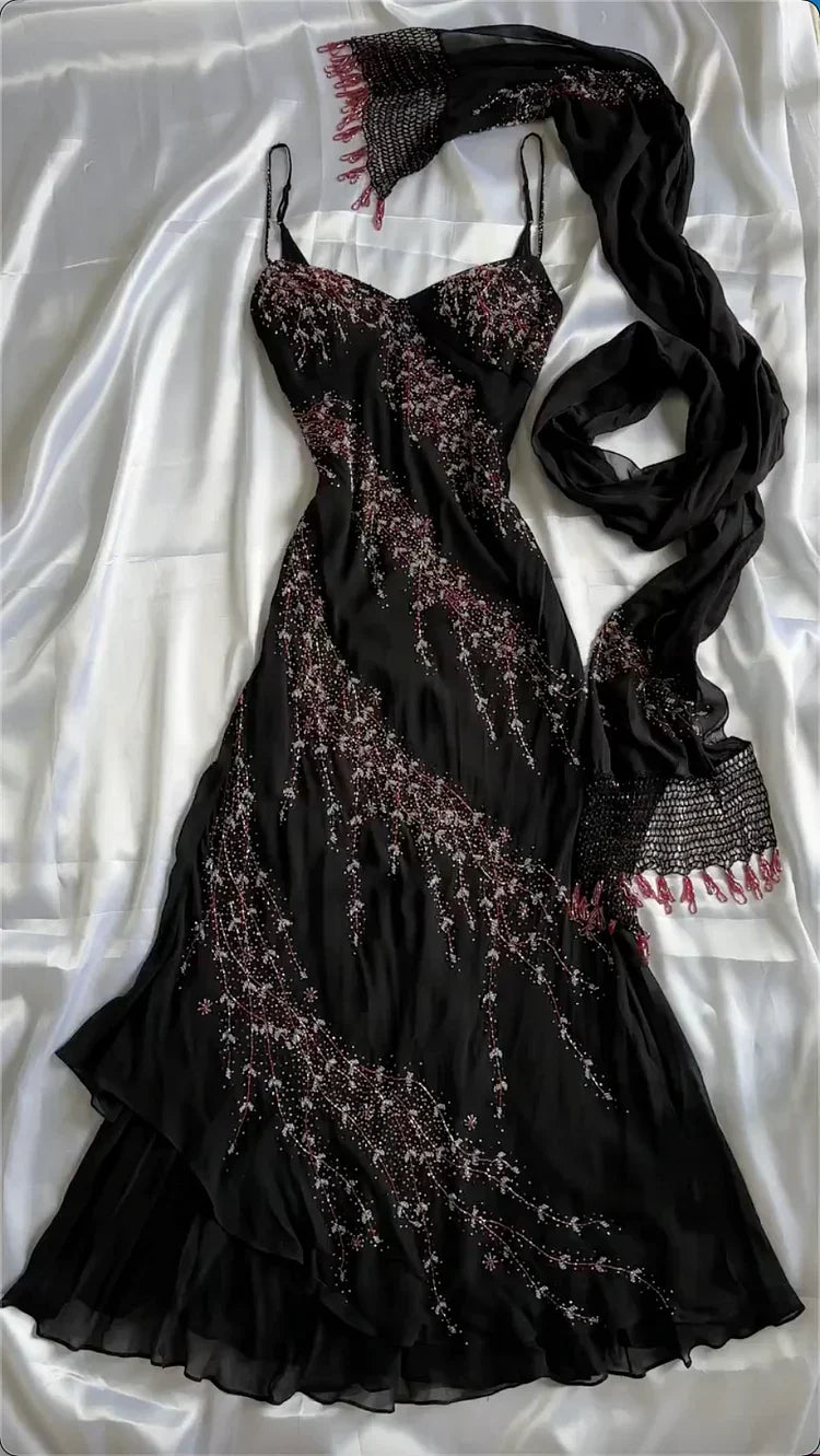 Black Spaghetti Strap Sheath Prom Dresses Elegant Beaded Chiffon Formal Dress Chiffon Evening Gown HZ1024
