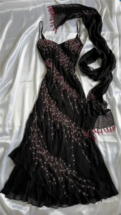 Black Spaghetti Strap Sheath Prom Dresses Elegant Beaded Chiffon Formal Dress Chiffon Evening Gown HZ1024