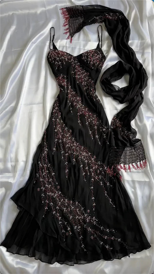 Vintage Black Spaghetti Strap Sheath Prom Dresses Elegant Beaded Chiffon Formal Dress Chiffon Evening Gown ED03677
