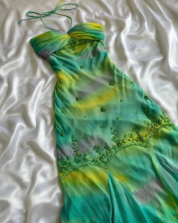 Vintage Gradient Green Halter Sheath Prom Dresses Elegant Beaded Chiffon Formal Dress Pool Party Dress Holiday Dress ED03678