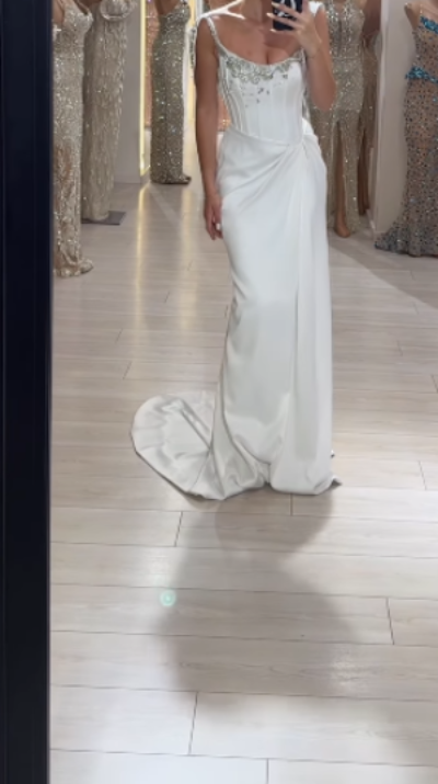 Glam White Sheath Long Prom Dresses Elegant Satin Formal Dress Beaded Trailing Evening Dress ED03679