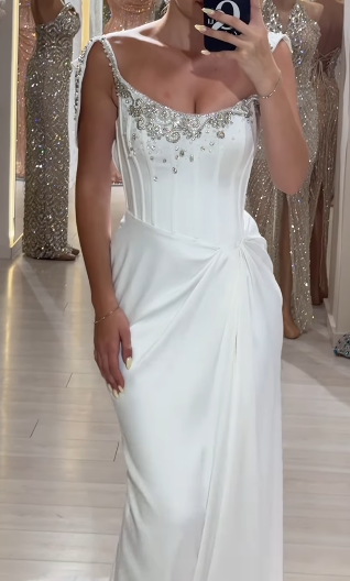 Glam White Sheath Long Prom Dresses Elegant Satin Formal Dress Beaded Trailing Evening Dress ED03679