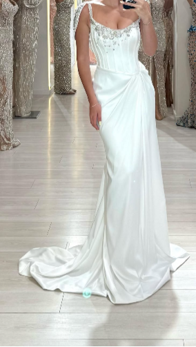 Glam White Sheath Long Prom Dresses Elegant Satin Formal Dress Beaded Trailing Evening Dress ED03679