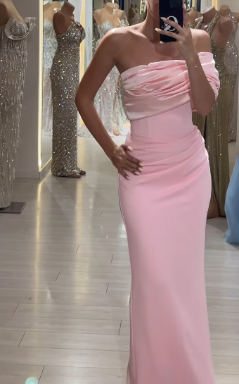 Glam Pink Sheath Long Prom Dresses Elegant Satin One Shoulder Evening Gowns ED03680