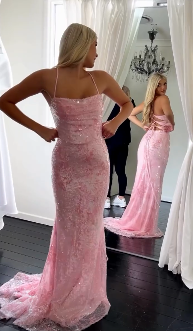 Elegant Pink Mermaid Evening Gowns Spaghetti Strap Tulle Sequined Long Prom Dresses Stunning Beaded Birthday Dress ED03682