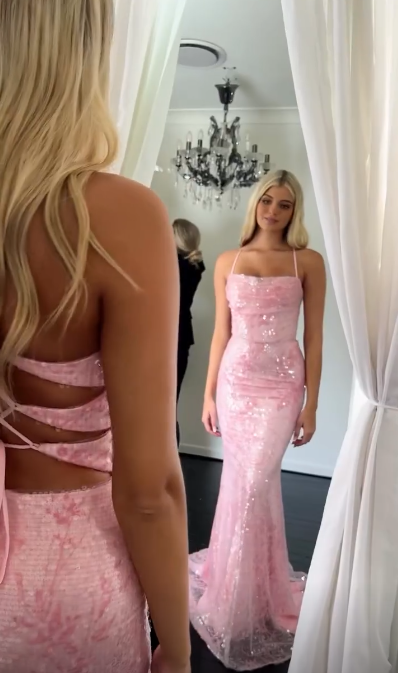 Elegant Pink Mermaid Evening Gowns Spaghetti Strap Tulle Sequined Long Prom Dresses Stunning Beaded Birthday Dress ED03682