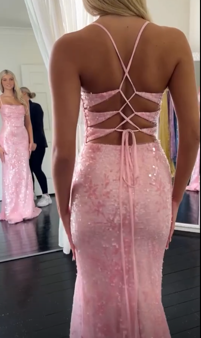 Elegant Pink Mermaid Evening Gowns Spaghetti Strap Tulle Sequined Long Prom Dresses Stunning Beaded Birthday Dress ED03682